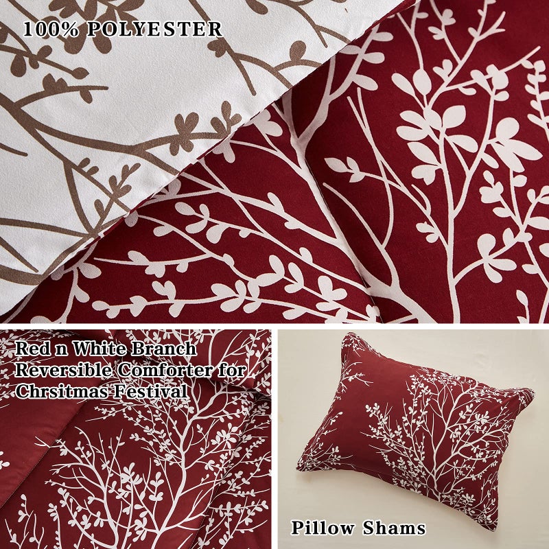 Flysheep Burgundy Red Botanical Christmas Comforter Set Queen Full Size, Red and White Tree Branch Floral Reversible 3 Piece Bedding Set, Ultra Soft Microfiber for All Season - Image 5